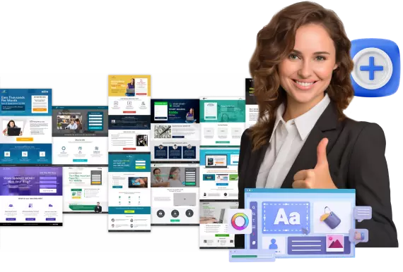 Woman promoting web design templates with thumbs up.