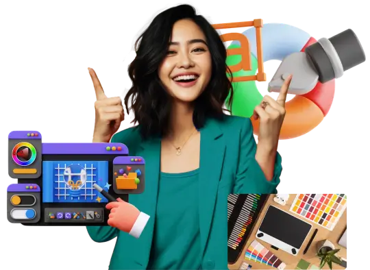 Woman with colorful graphics and design tools.