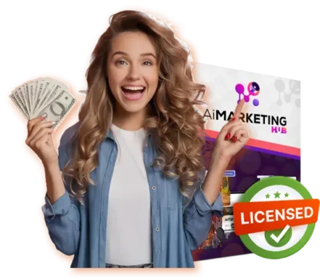 Smiling woman with cash promoting AiMarketing Hub.