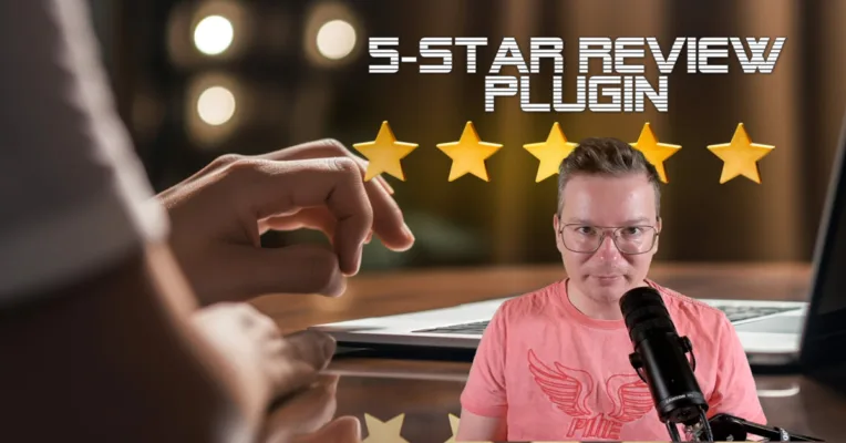 Five-star review plugin with microphone and laptop.