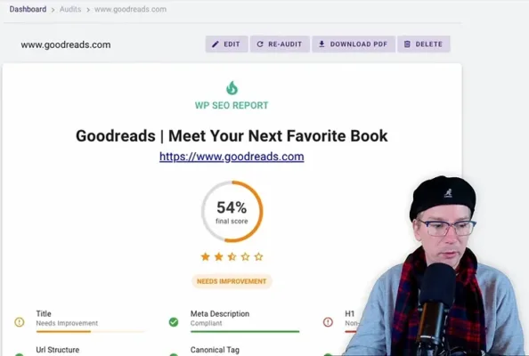 Goodreads SEO report with score and recommendations
