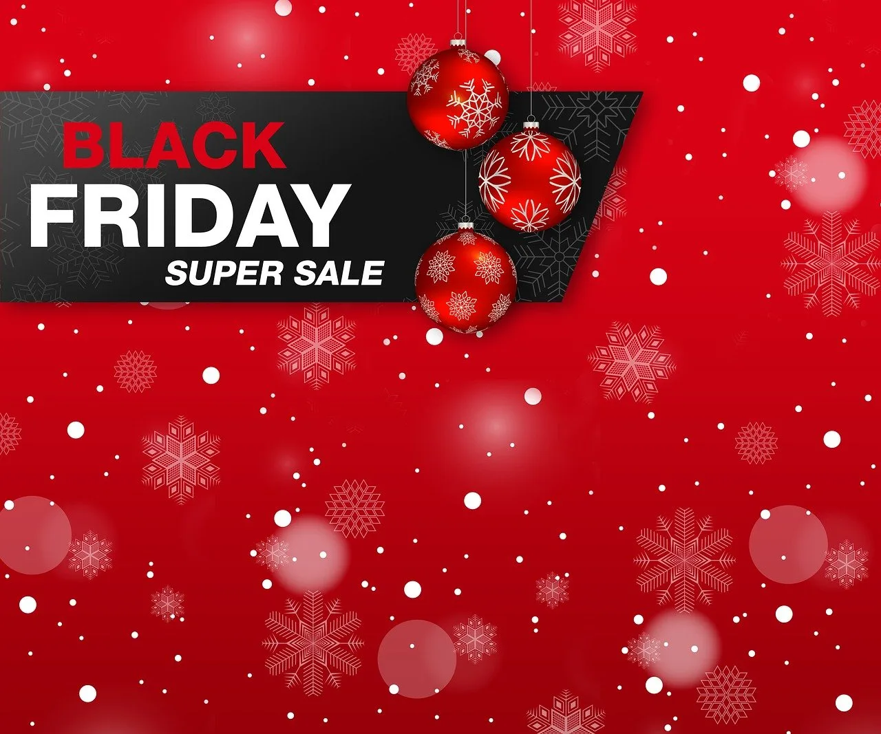 Black Friday Super Sale with red snowflakes background.