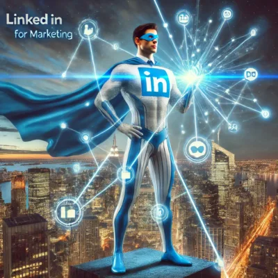 Superhero LinkedIn marketing concept cityscape background